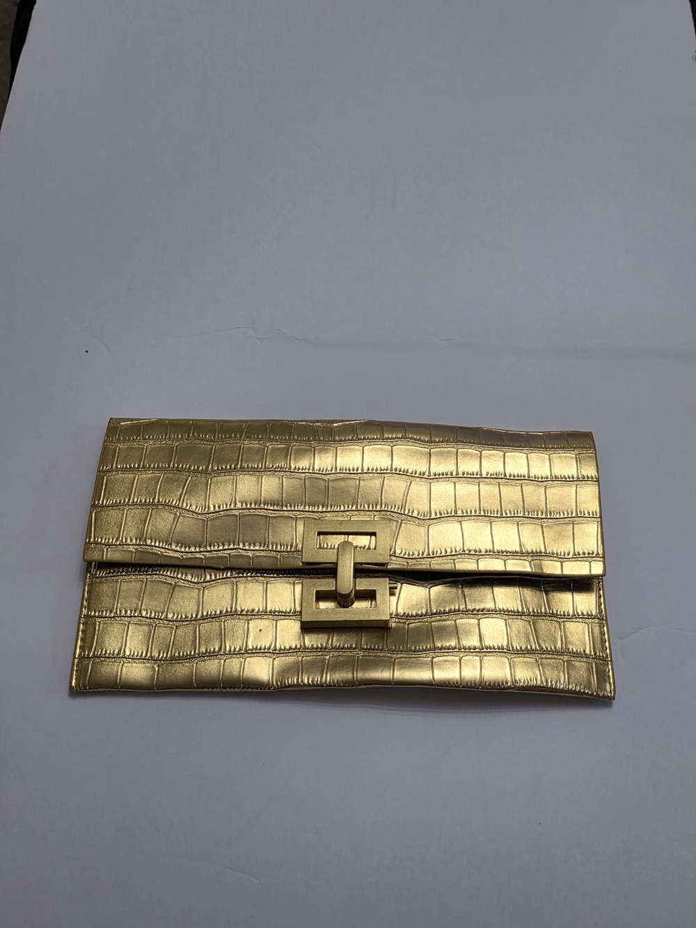 Gold Croc-Embossed Metallic Clutch